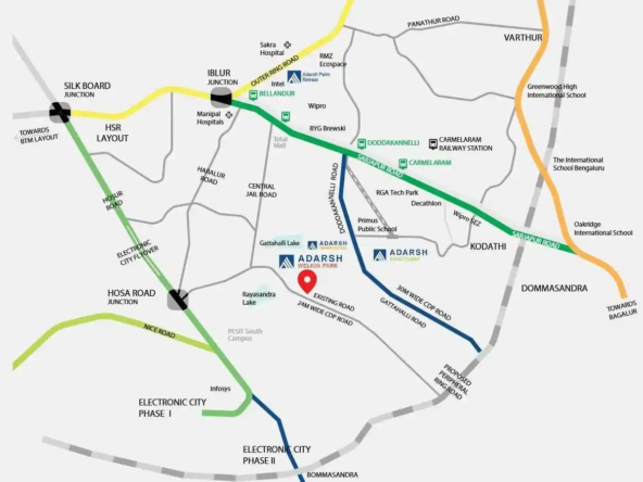 location map of Adarsh Villas for sale in Bangalore with private garden, terrace, and luxury finishes.