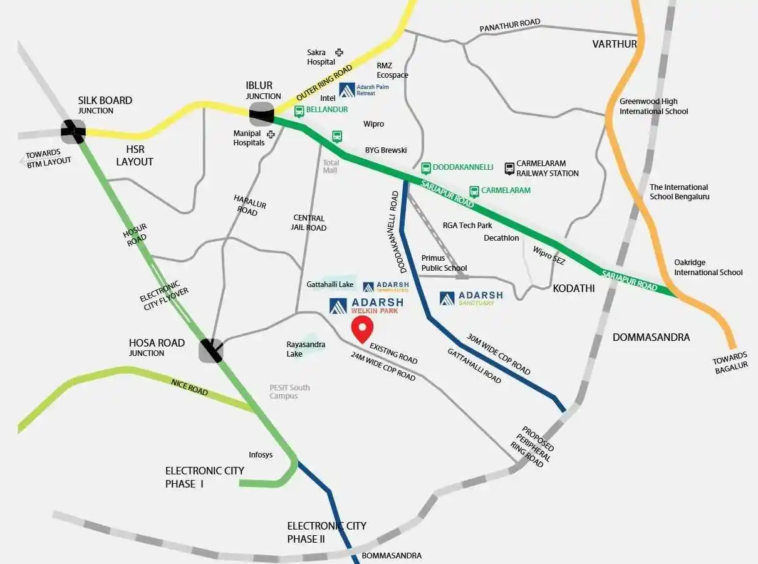 location map of Adarsh Villas for sale in Bangalore with private garden, terrace, and luxury finishes.